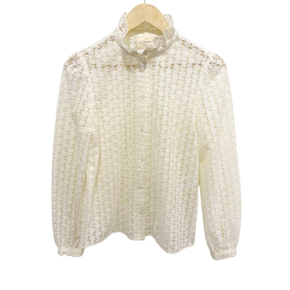 Sezane Cathy Shirt Ecru Lace Embroidered 38/ US 6 Sheer High Neck